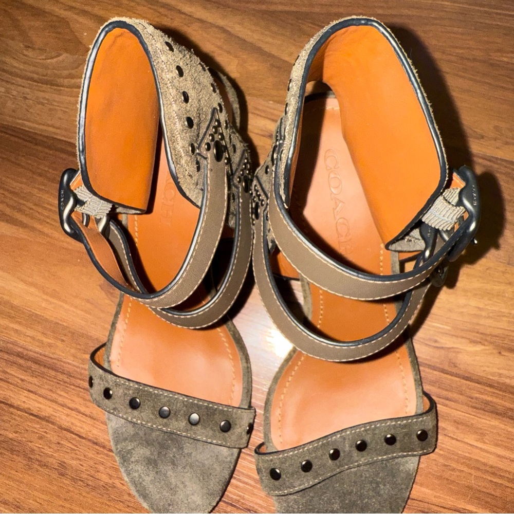 Coach Olive Green Suede Wedge Sandals with Brown Accents - Picture 7 of 13